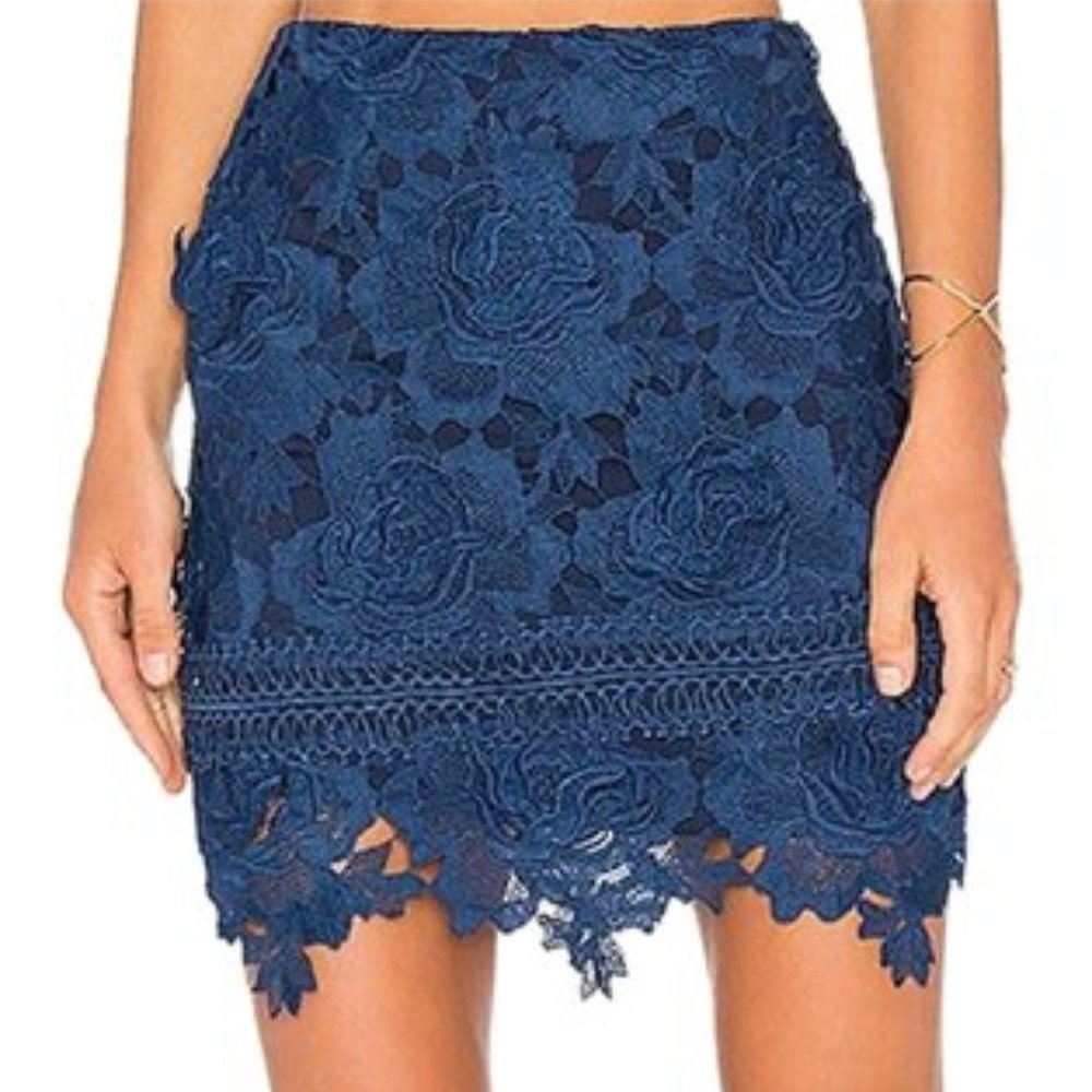 Lovers + Friends Navy Incense Floral-lace Skirt